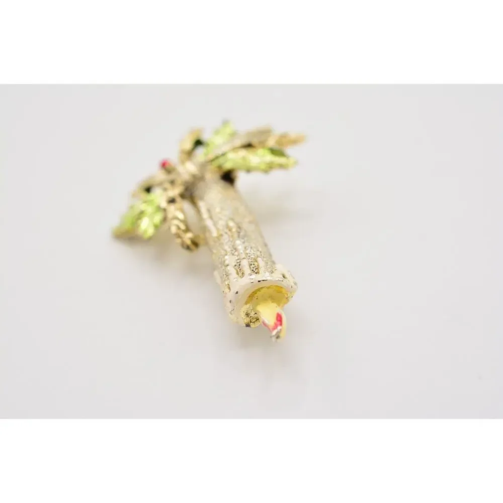 Gerry's Vintage Christmas Candle Pin Brooch Silver Red Green Enamel Signed 9B